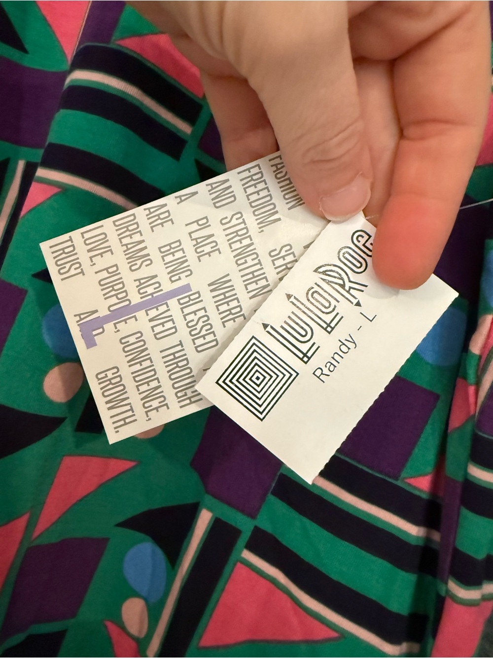 LuLaRoe Randy Geometric Green & Pink Patterned Raglan Tee - Picture 2 of 3